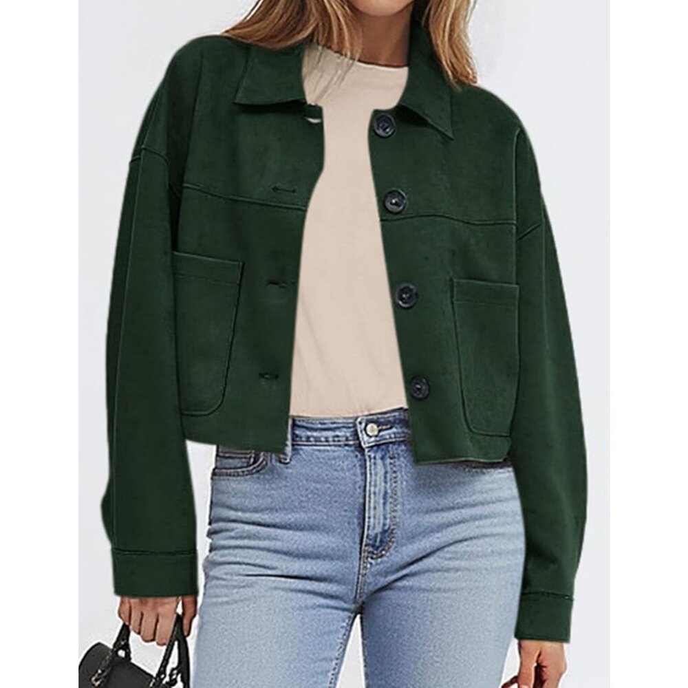 Women's Dark Green Faux Suede Cropped Jacket Casual Lightweight Fall Fashion - Picture 2 of 5